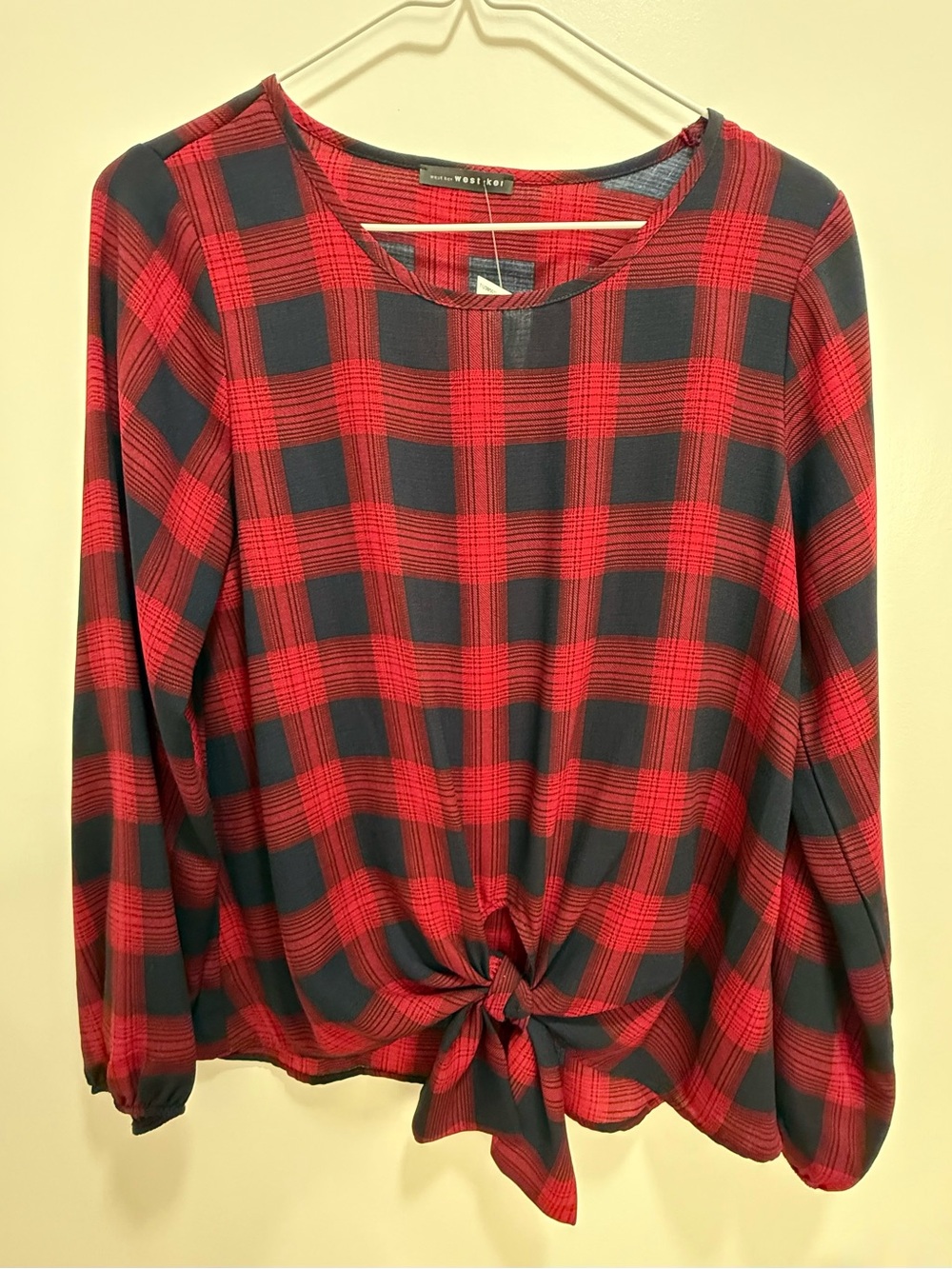 NEW West Kei Red and Black Plaid Long Sleeve Tie-Front Top